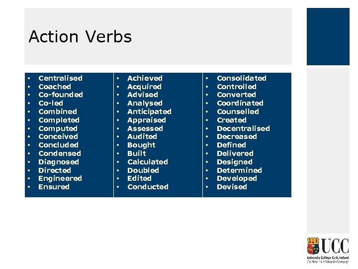 Action Verbs • • • • Centralised Coached Co-founded Co-led Combined Completed Computed Conceived