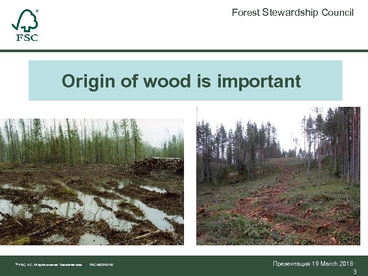 Forest Stewardship Council Origin of wood is important TM FSC, A. C. All rights