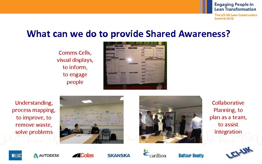 What can we do to provide Shared Awareness? Comms Cells, visual displays, to inform,