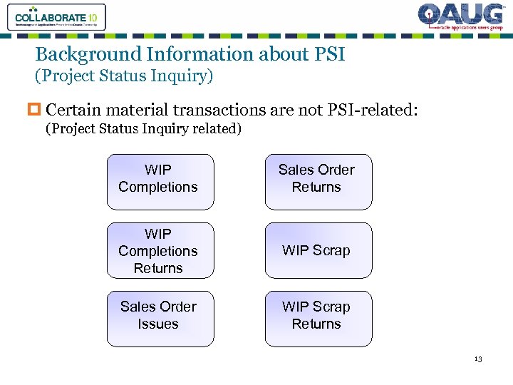 Background Information about PSI (Project Status Inquiry) p Certain material transactions are not PSI-related: