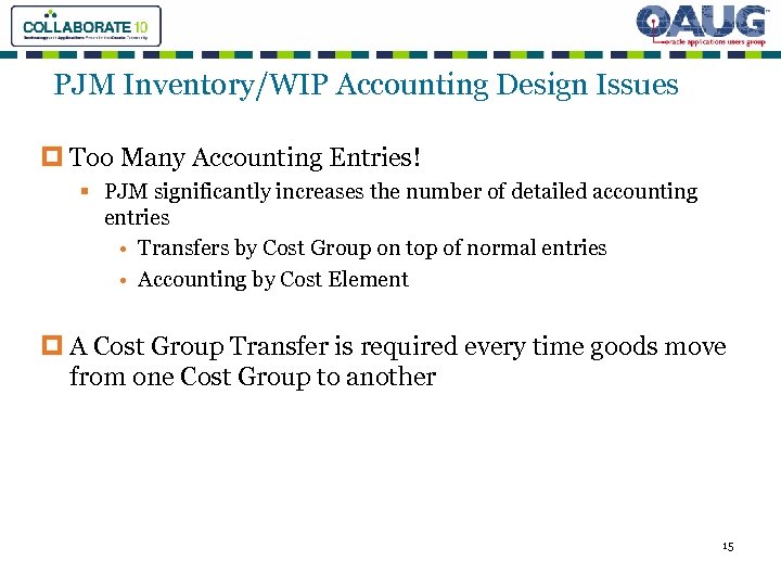 PJM Inventory/WIP Accounting Design Issues p Too Many Accounting Entries! § PJM significantly increases