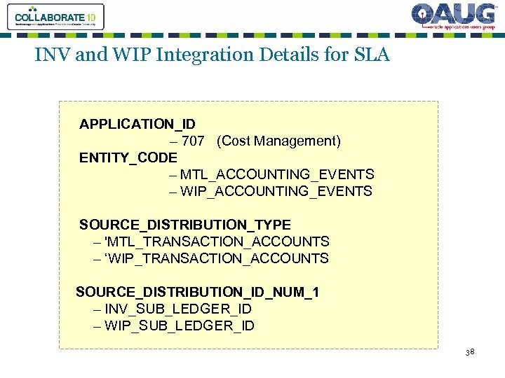 INV and WIP Integration Details for SLA APPLICATION_ID – 707 (Cost Management) ENTITY_CODE –