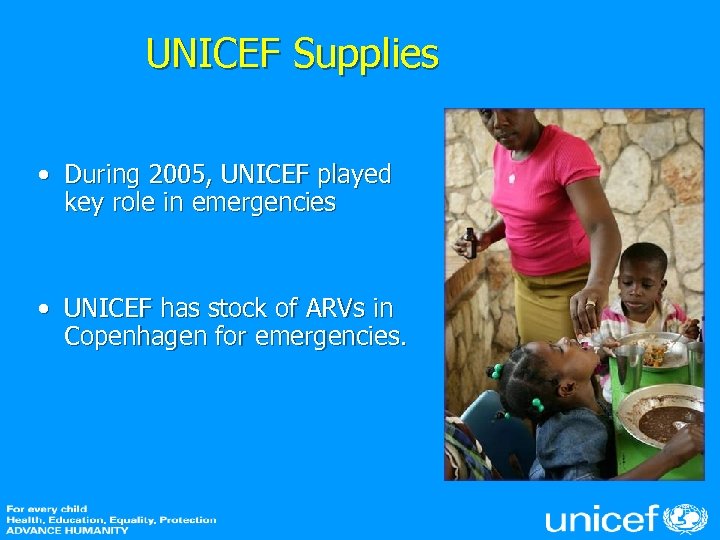 UNICEF Supplies • During 2005, UNICEF played key role in emergencies • UNICEF has