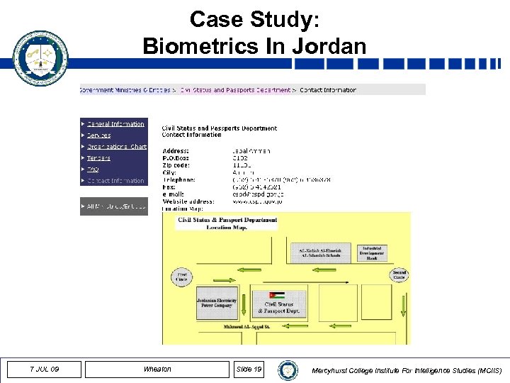 Case Study: Biometrics In Jordan 7 JUL 09 Wheaton Slide 19 Mercyhurst College Institute