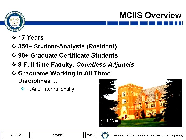 MCIIS Overview v 17 Years v 350+ Student-Analysts (Resident) v 90+ Graduate Certificate Students