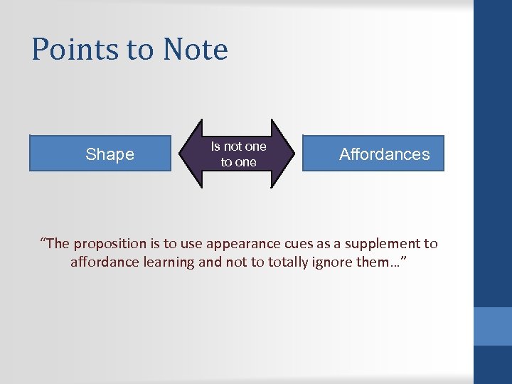 Points to Note Shape Is not one to one Affordances “The proposition is to