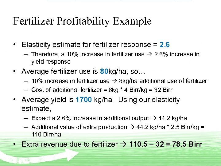 Fertilizer Profitability Example • Elasticity estimate for fertilizer response = 2. 6 – Therefore,