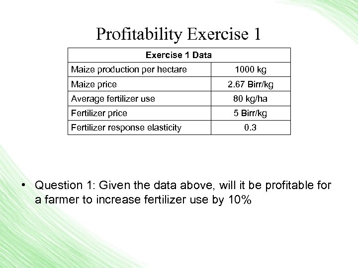 Profitability Exercise 1 Data Maize production per hectare Maize price 1000 kg 2. 67