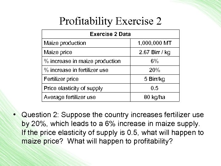 Profitability Exercise 2 Data Maize production 1, 000 MT Maize price 2. 67 Birr