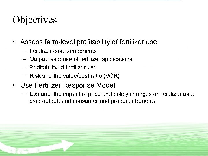 Objectives • Assess farm-level profitability of fertilizer use – – Fertilizer cost components Output