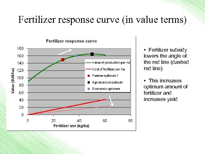 Fertilizer response curve (in value terms) • Fertilizer subsidy lowers the angle of the