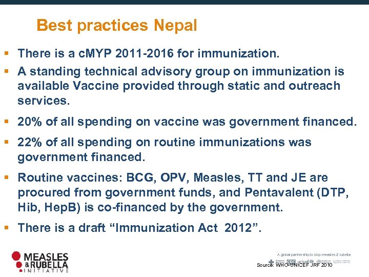 Best practices Nepal § There is a c. MYP 2011 -2016 for immunization. §