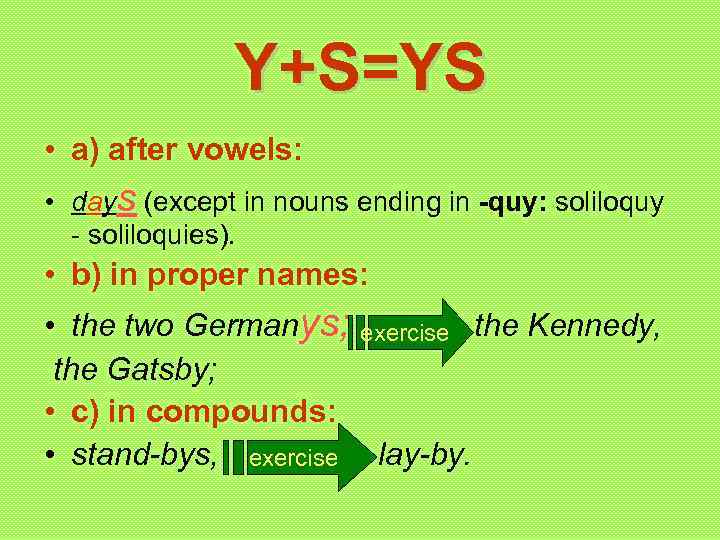 Y+S=YS • a) after vowels: • days (except in nouns ending in -quy: soliloquy