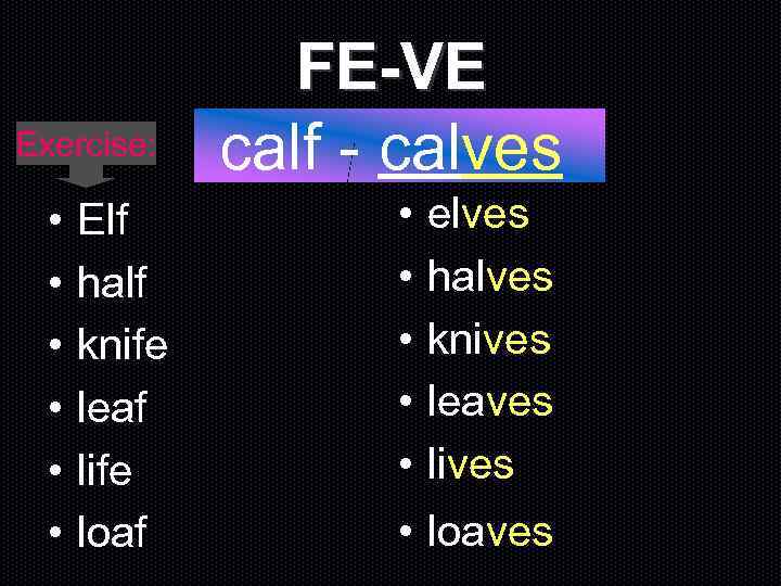 Exercise: • • • Elf half knife leaf life loaf FE-VE calf - calves