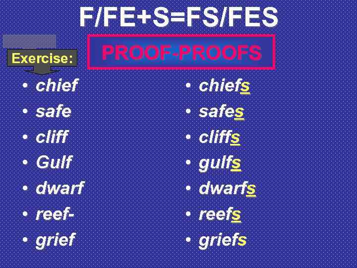 F/FE+S=FS/FES Exercise: • • chief safe cliff Gulf dwarf reefgrief PROOF-PROOFS • • chiefs