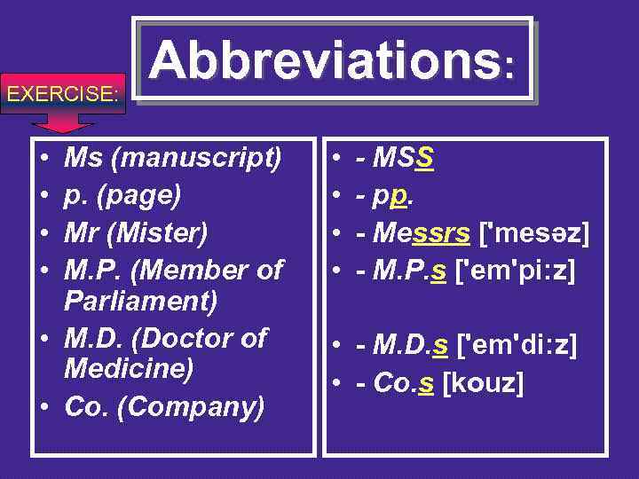 EXERCISE: • • Abbreviations: Ms (manuscript) p. (page) Mr (Mister) M. P. (Member of