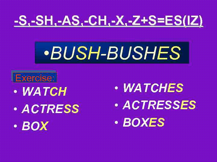 -S, -SH, -AS, -CH, -X, -Z+S=ES(IZ) • BUSH-BUSHES Exercise: • WATCH • ACTRESS •