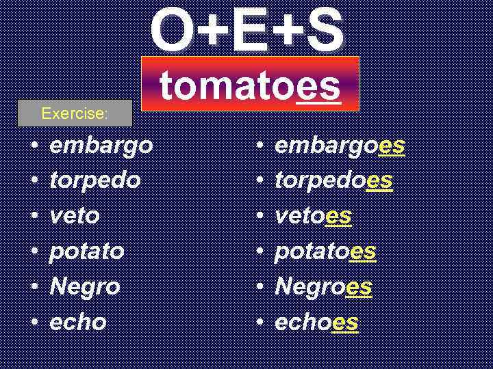 O+E+S Exercise: • • • embargo torpedo veto potato Negro echo tomatoes • •