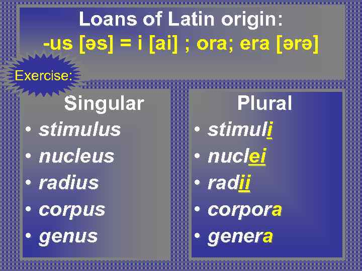 Loans of Latin origin: -us [ǝs] = i [ai] ; ora; era [ǝrǝ] Exercise: