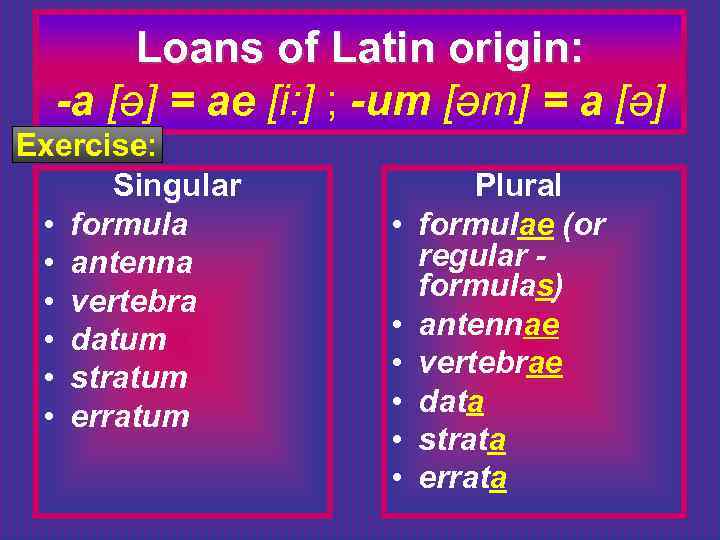 Loans of Latin origin: -а [ǝ] = ае [i: ] ; -um [ǝm] =