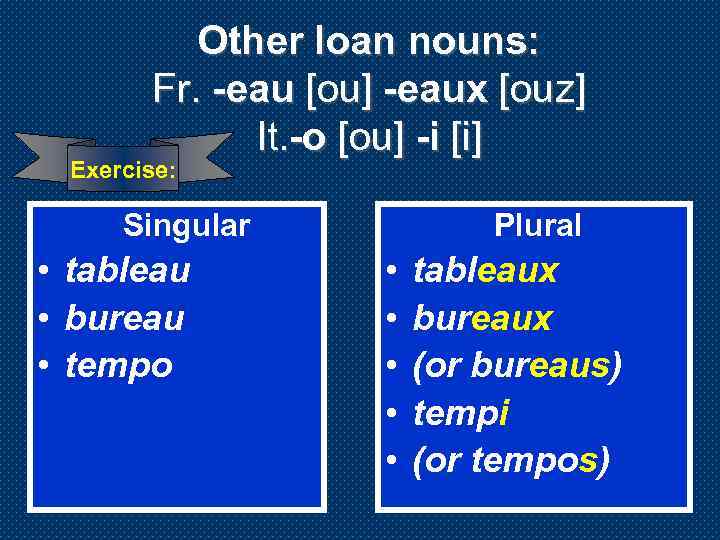 Other loan nouns: Fr. -eau [ou] -eaux [ouz] It. -o [ou] -i [i] Exercise: