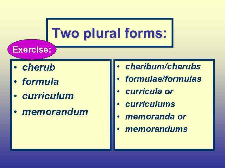 Two plural forms: Exercise: • cherub • formula • curriculum • memorandum • •
