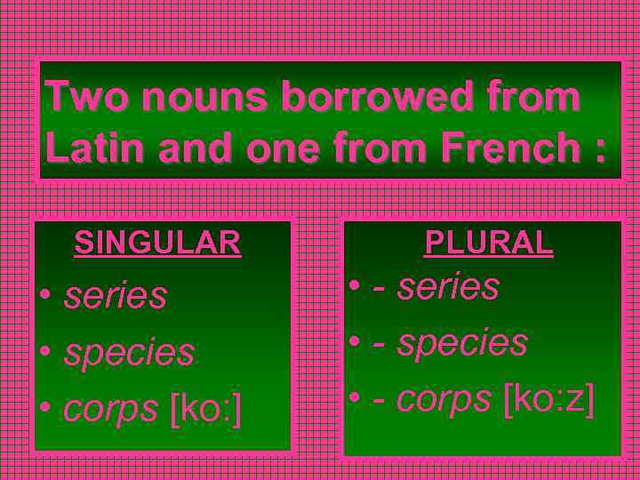 Two nouns borrowed from Latin and one from French : SINGULAR • series •