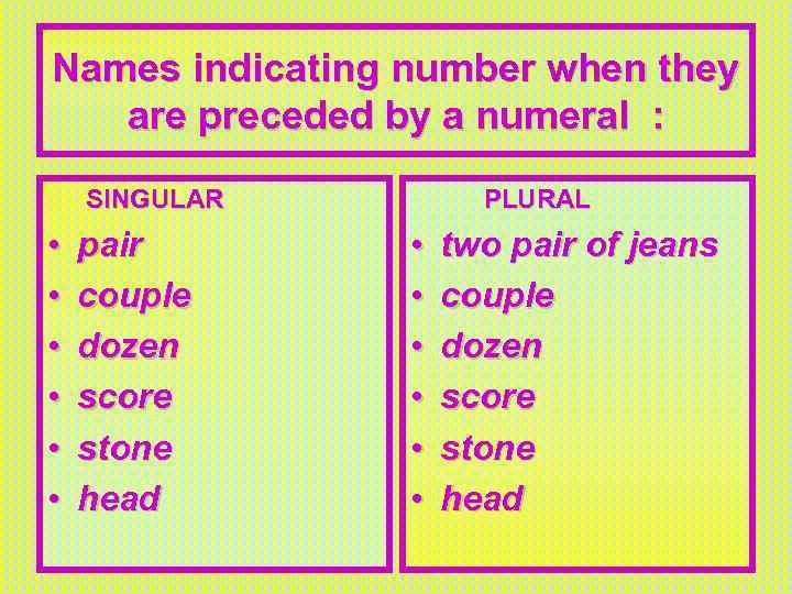 Names indicating number when they are preceded by a numeral : SINGULAR • •
