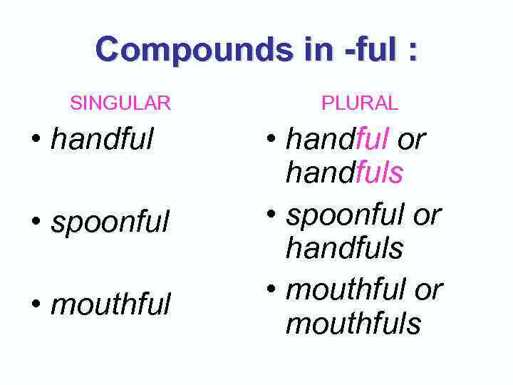 Compounds in -ful : SINGULAR • handful • spoonful • mouthful PLURAL • handful