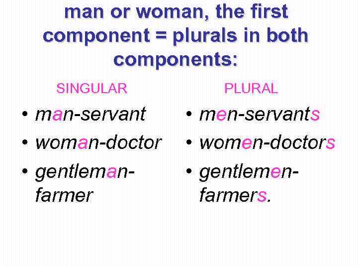 man or woman, the first component = plurals in both components: SINGULAR • man-servant