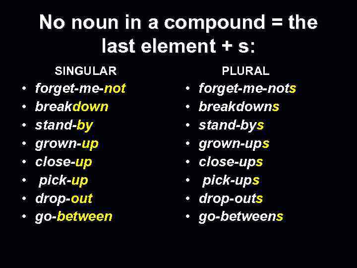 No noun in a compound = the last element + s: SINGULAR • •
