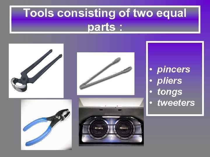 Tools consisting of two equal parts : • • pincers pliers tongs tweeters 