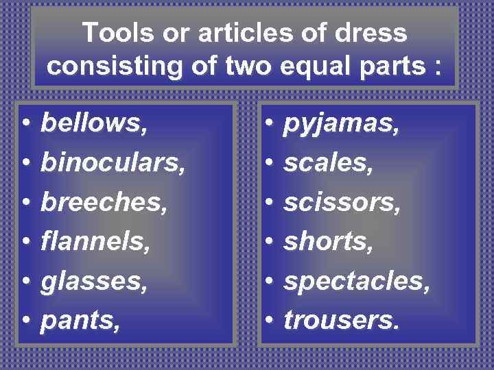 Tools or articles of dress consisting of two equal parts : • bellows, •