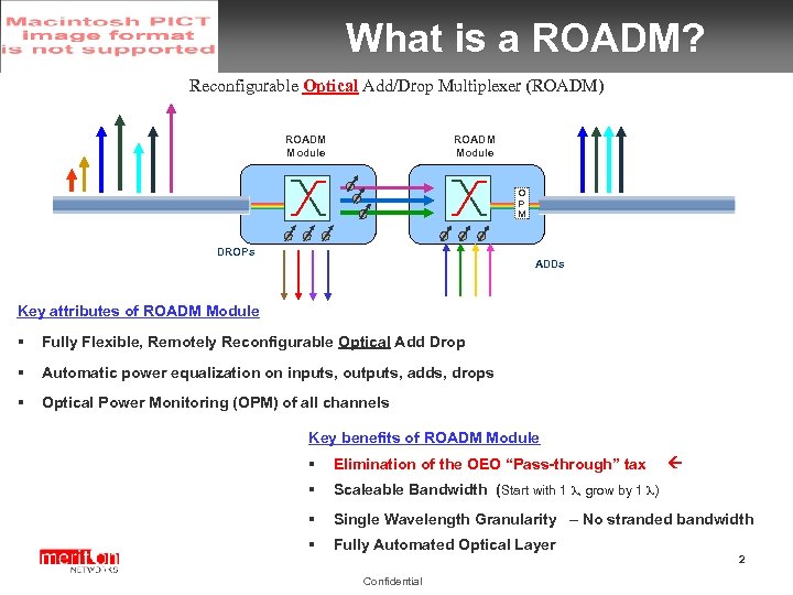 What is a ROADM? Reconfigurable Optical Add/Drop Multiplexer (ROADM) ROADM Module O P M