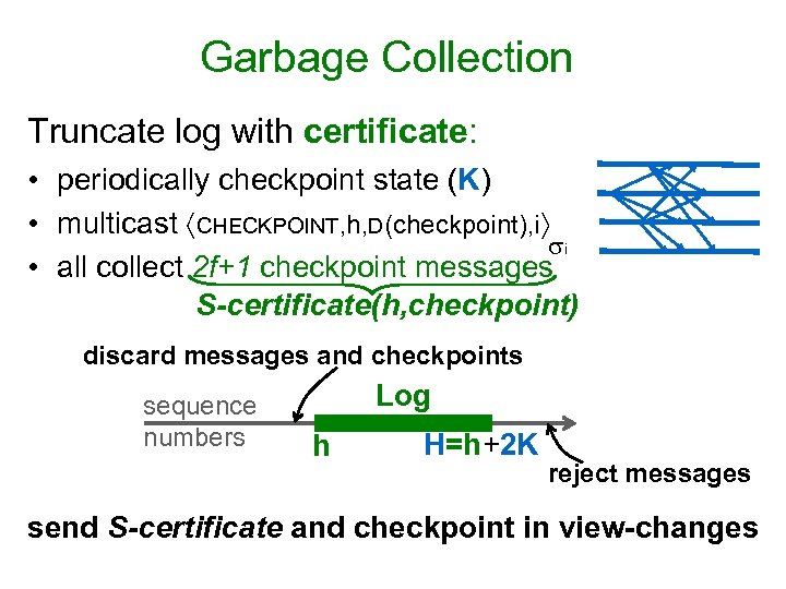 Garbage Collection Truncate log with certificate: • periodically checkpoint state (K) • multicast CHECKPOINT,