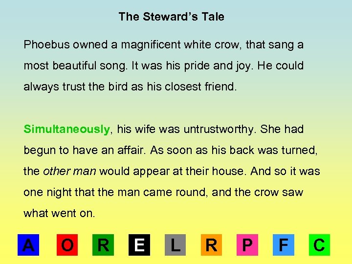 The Steward’s Tale Phoebus owned a magnificent white crow, that sang a most beautiful