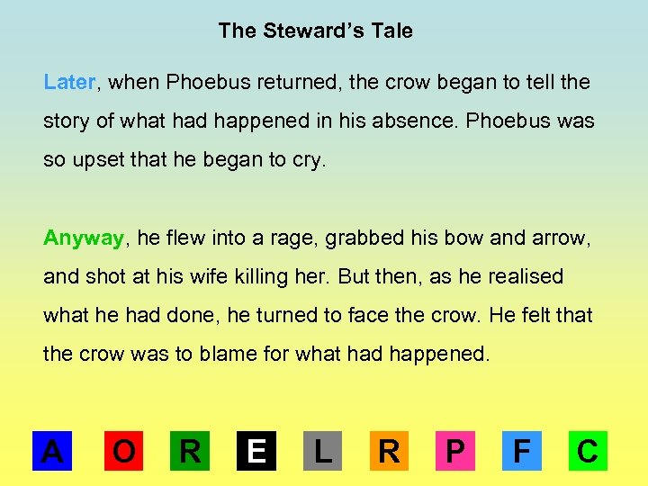 The Steward’s Tale Later, when Phoebus returned, the crow began to tell the story