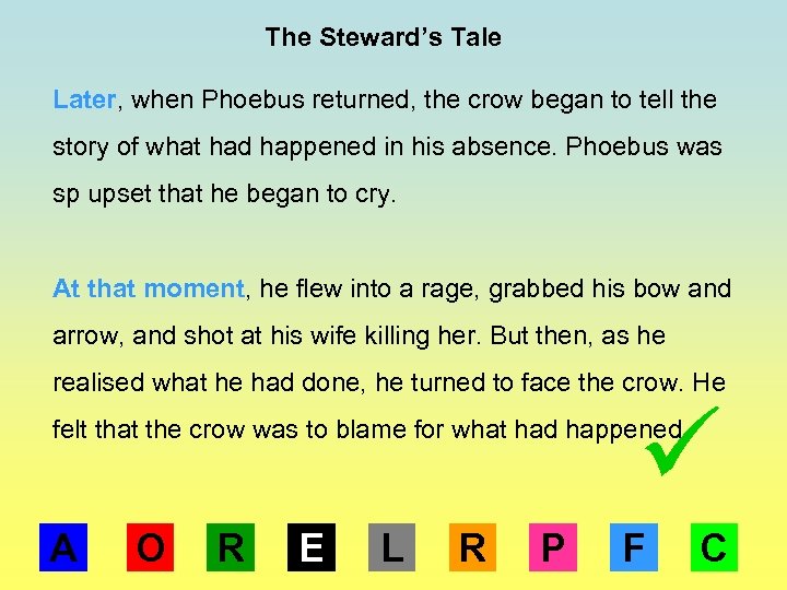 The Steward’s Tale Later, when Phoebus returned, the crow began to tell the story
