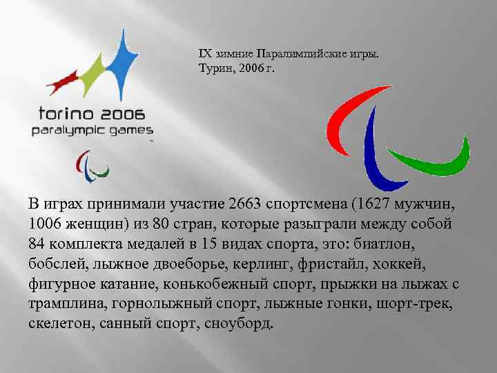 IX зимние Паралимпийские игры. Турин, 2006 г. В играх принимали участие 2663 спортсмена (1627