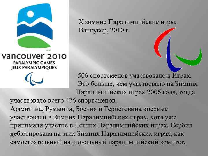 X зимние Паралимпийские игры. Ванкувер, 2010 г. 506 спортсменов участвовало в Играх. Это больше,