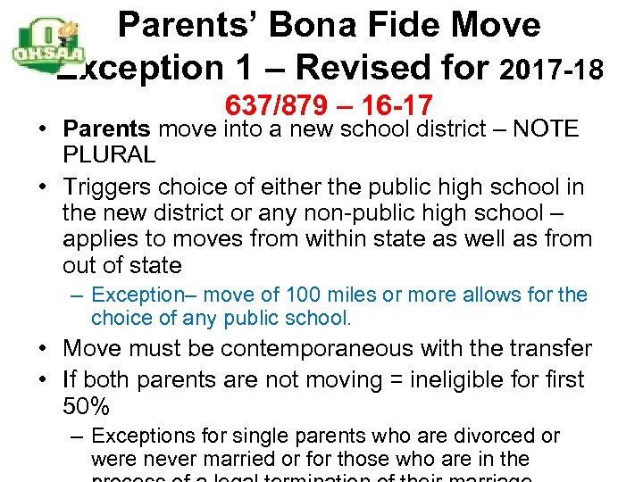 Parents’ Bona Fide Move Exception 1 – Revised for 2017 -18 637/879 – 16