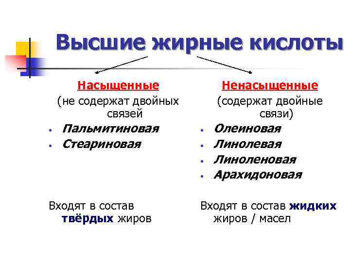 Высшие жирные кислоты Насыщенные (не содержат двойных связей • • Пальмитиновая Стеариновая Ненасыщенные (содержат