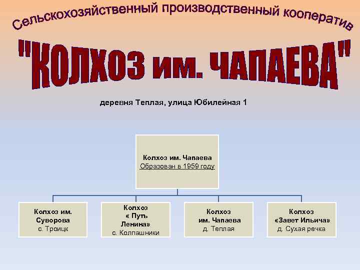 деревня Теплая, улица Юбилейная 1 Колхоз им. Чапаева Образован в 1959 году Колхоз им.