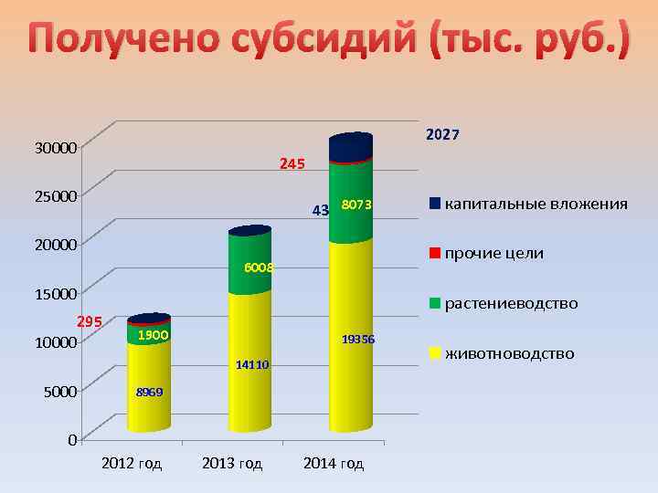 Получено субсидий (тыс. руб. ) 2027 30000 245 25000 43 8073 20000 прочие цели