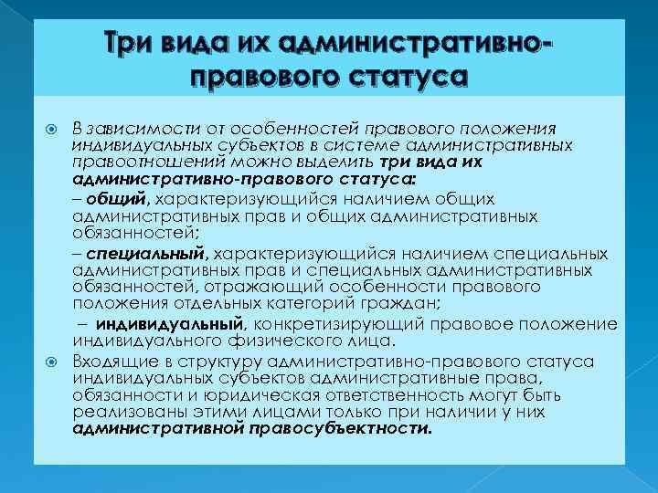 Три вида их административноправового статуса В зависимости от особенностей правового положения индивидуальных субъектов в