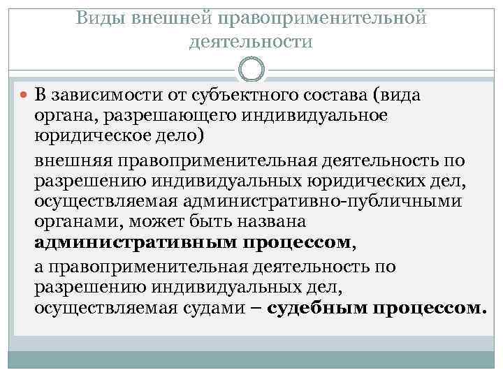 Виды внешней правоприменительной деятельности В зависимости от субъектного состава (вида органа, разрешающего индивидуальное юридическое