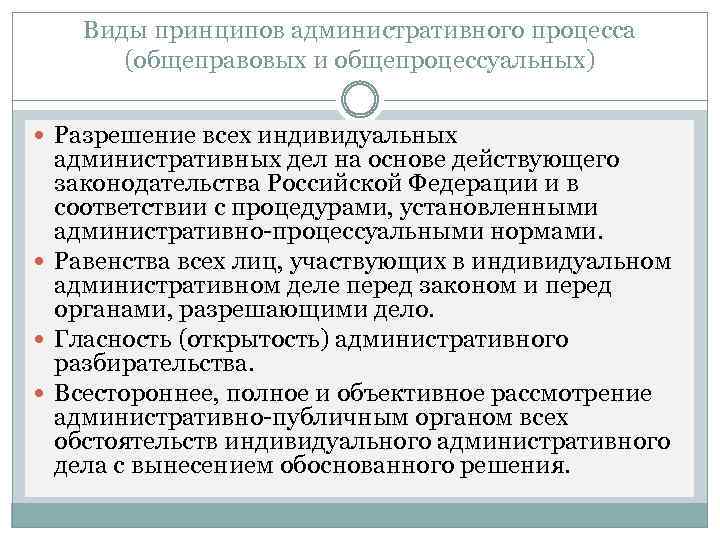 Виды принципов административного процесса (общеправовых и общепроцессуальных) Разрешение всех индивидуальных административных дел на основе