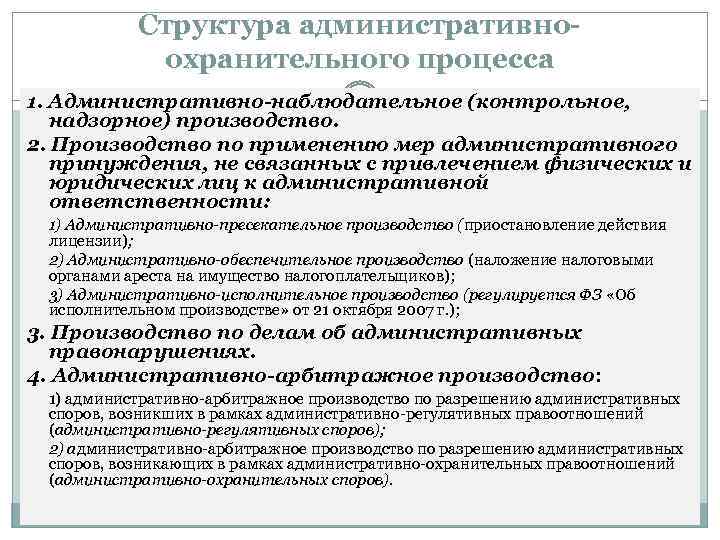 Структура административноохранительного процесса 1. Административно-наблюдательное (контрольное, надзорное) производство. 2. Производство по применению мер административного