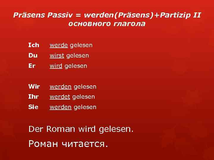 Präsens Passiv = werden(Präsens)+Partizip II основного глагола Ich werde gelesen Du wirst gelesen Er