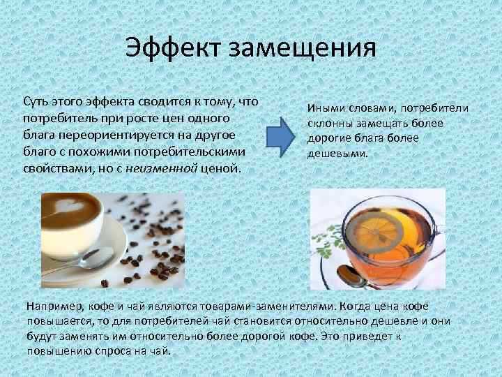 Эффект замещения Суть этого эффекта сводится к тому, что потребитель при росте цен одного